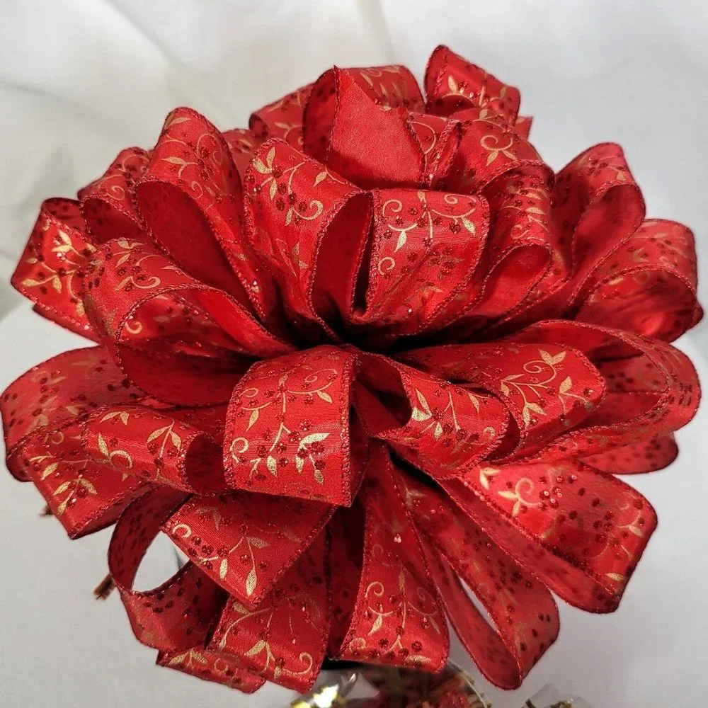 Christmas Tree Bow Topper, Red w/Gold‎ Pattern Bow Tree Topper 44 Loop 10 Inch